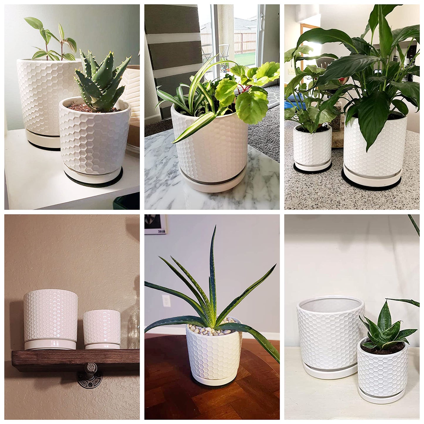 D'vine Dev Set of 2 Modern Matte White Honeycomb Embossed Ceramic Planter Pots with Saucer and Drainage Hole, 4 Inch & 6 Inch, 99-C-1-N