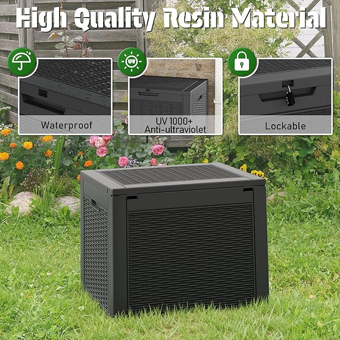 Outdoor Storage Box, Resin Deck Boxes Indoor and outdoor, Waterproof Storage Box Lockable Lid (Black,32 Gallon)