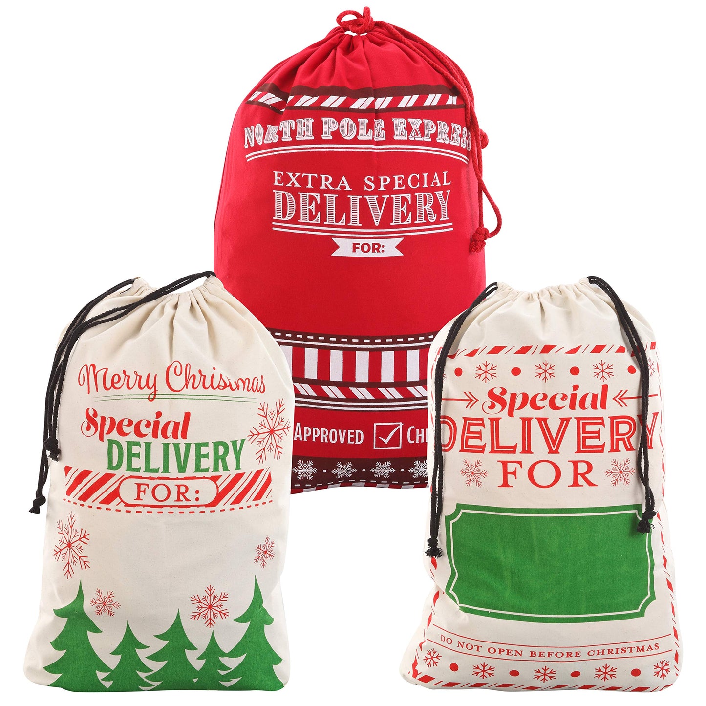 JOYIN 3 PCS Christmas Drawstring Santa Burlap Sack 26" x 19", Large Canvas Gift Bag Reusable Personalized Cloth Pouch for Xmas Presents Package, Party Supplies, Hoilday Decoration