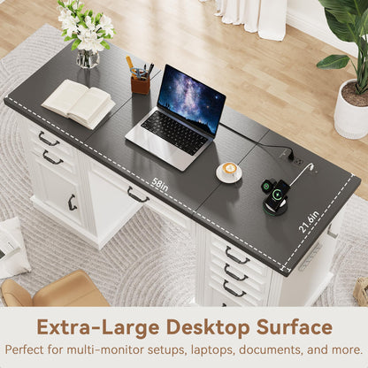 Jocoevol 57" Lift Executive Desk with Drawers, Farmhouse Home Office Desk with File Cabinet Storage, Computer Desk with Charging Station & Headphone Hook for Work/Study/Writing (White & Black, Lift)