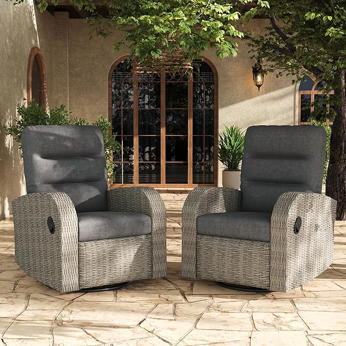 LayinSun Oversized Wicker Outdoor Swivel Glider Recliner with Adjustable Backrest & Footrest, Patio Reclining Lounge Chair - Set of 2