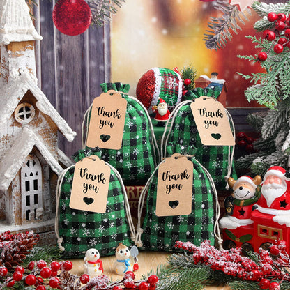 Shappy 48 Pcs Christmas Drawstring Bags Xmas Buffalo Plaid Burlap Candy Bags Linen Treat Sack Holiday Party Favor Christmas Sack Sachet with Cards and Rope(6 x 4 Inch,Black Green)