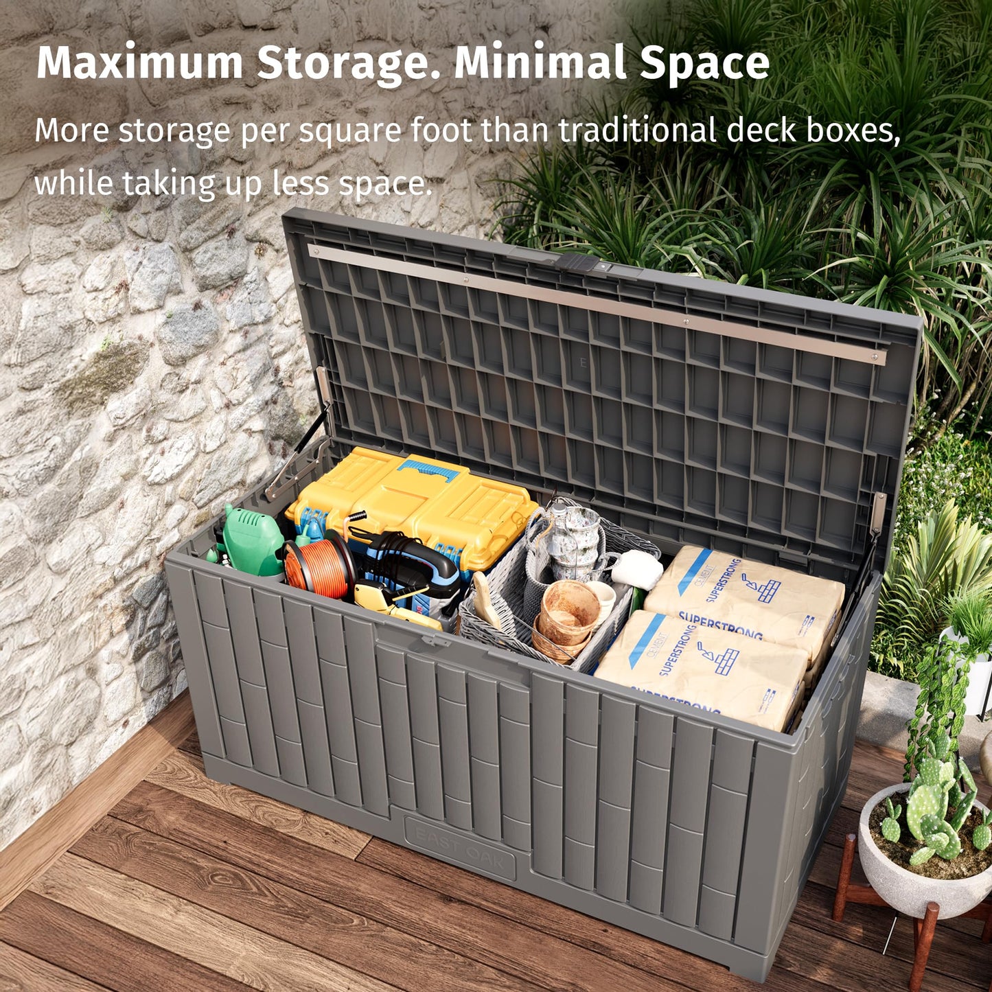 EAST OAK 120 Gallon Outdoor Storage Box, Large Resin Deck Box with Reinforced Stainless Steel Support, Waterproof & UV-Resistant Patio Storage Boxes for Cushions, Garden Tools & Pool Accessories, Grey