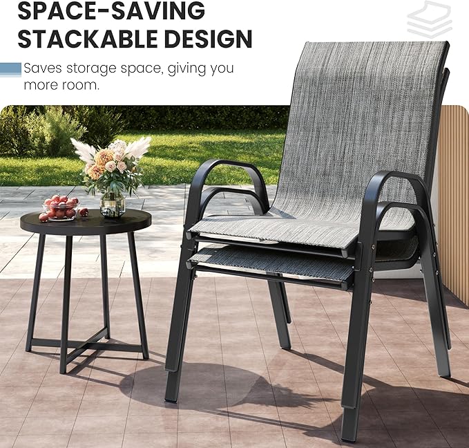 Patio Dining Chairs Set of 8, Outdoor High Stacking Chairs，Breathable Seat Fabric and Alloy Steel Frame for Backyard, Porch, Garden, Sunroom (Light Grey)