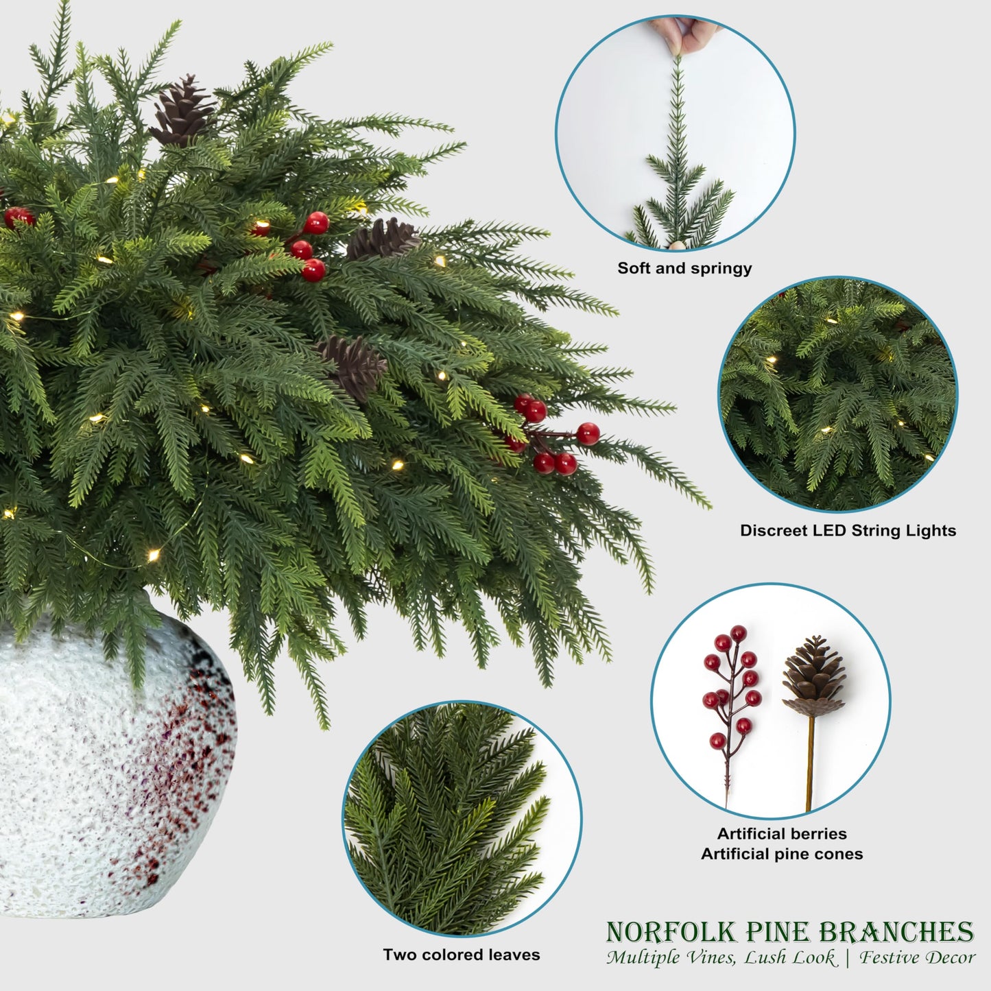 QXXQ 12-Piece Set 24" Artificial Norfolk Pine Branches - Christmas Decorations - Faux Christmas Greenary - Faux Norfolk Pine Stems for DIY Crafts Garland Wreath Home Decor- Free LED String Lights