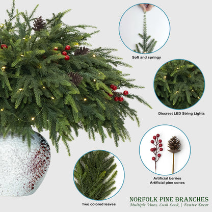 QXXQ 12-Piece Set 24" Artificial Norfolk Pine Branches - Christmas Decorations - Faux Christmas Greenary - Faux Norfolk Pine Stems for DIY Crafts Garland Wreath Home Decor- Free LED String Lights