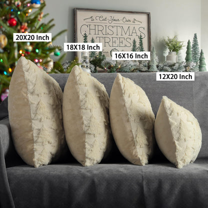 4TH Emotion Christmas Tree Decorative Pillow Covers 18x18 Set of 2, Beige Soft Plush Faux Fur Farmhouse Throw Cushion Cases for Xmas Winter Holiday Home Decor