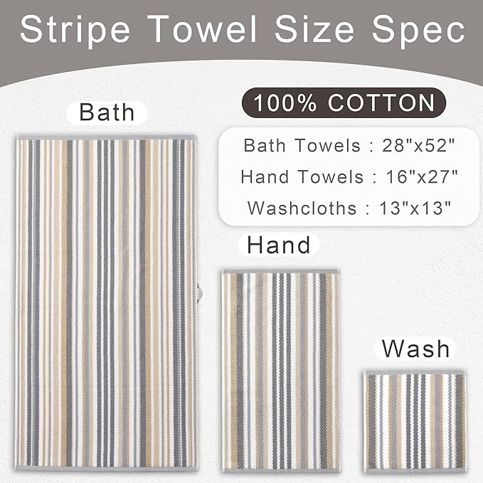 Cotton Towels Set of 3, 1 Absorbent Hand 16"x27", 1 Lightweight Washcloth
