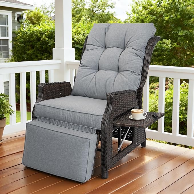 Outdoor Indoor Wicker Recliner with Adjustable Back and Footrest, Patio Reclining Chair with Flip-up Table, Outdoor Rattan Lounge Chair, Light Grey