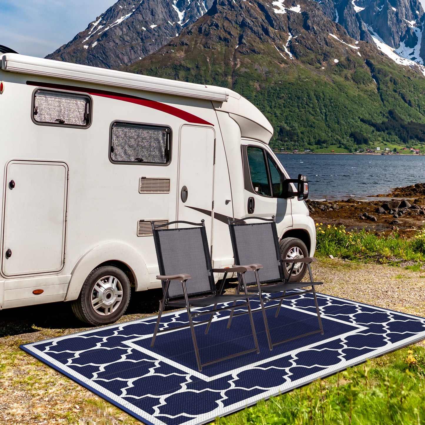 GENIMO Outdoor Rug 4'x6' 9'x12' for Patio, Reversible Plastic Waterproof RV Rugs, Clearance Mat, Porch, Camping, Picnic, Deck, Camper, Balcony, Blue & White