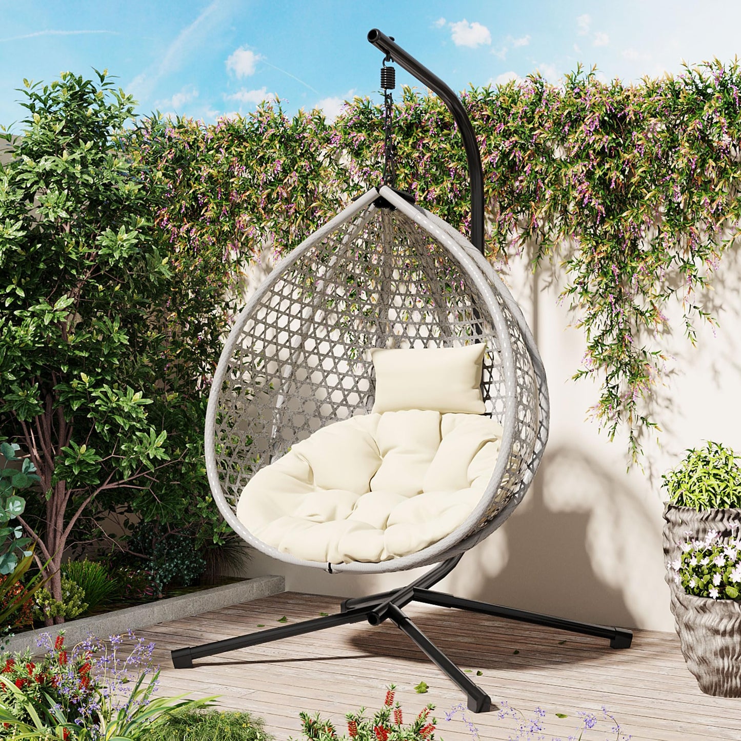 Merax Egg Hanging Chair with Stand, Indoor/Outdoor Swinging Wicker Hammock Chair for Patio, Garden, or Living Room
