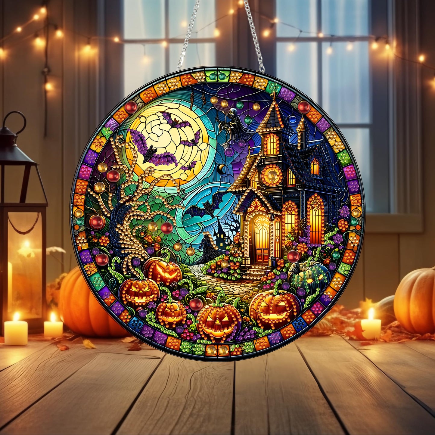 DIY Diamond Art Painting Wreath Kits，Special Shaped Rhinestone Hanging Ornament Diamond Art Window Pendants for Gift Home Garden Wall Hanging Kits,Double Sided (Haunted House)