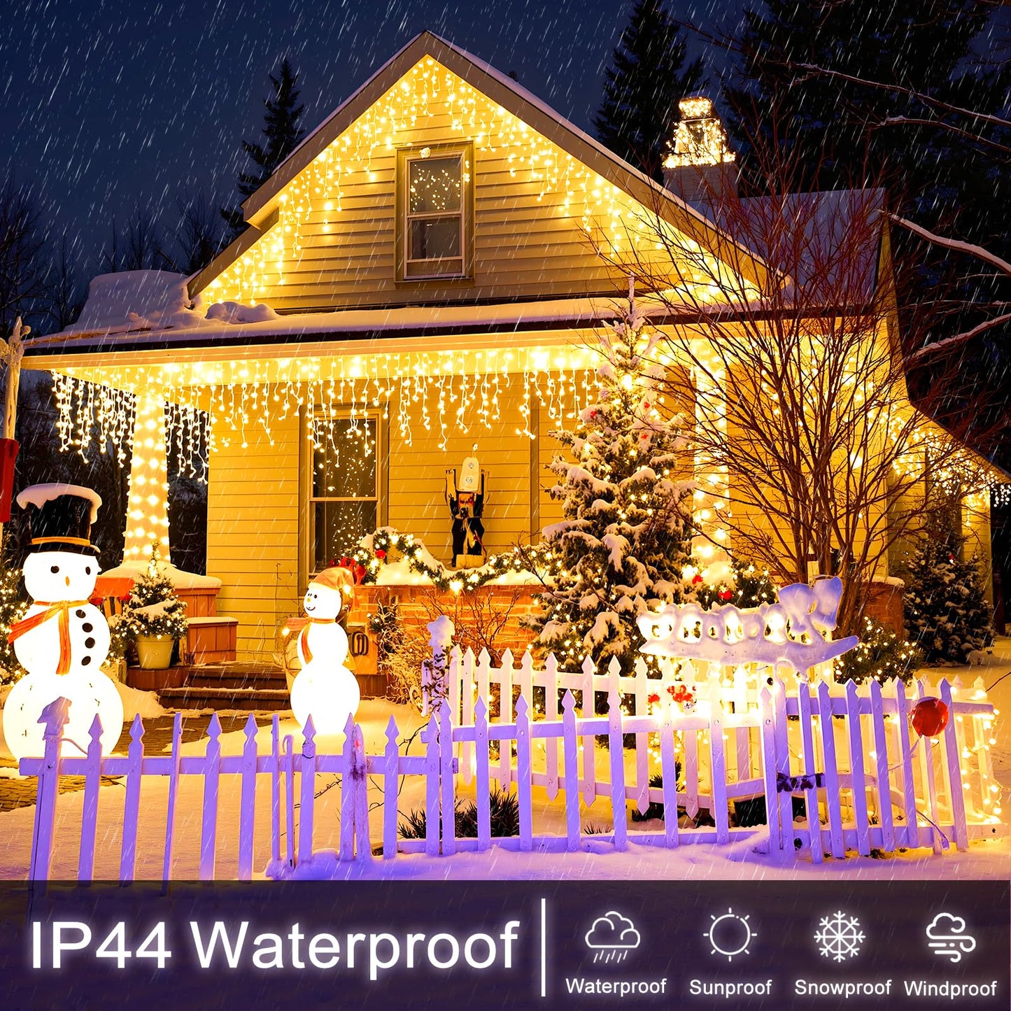 Einiiya Icicle Christmas Lights Outdoor, 66ft 640 LED Icicle Lights for Outside 8 Modes with 75 Drops, Plug in Christmas Light for House Indoor Holiday Wedding Christmas Decorations, Warm White