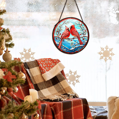 cvjutf Cardinal Suncatcher Stained Glass Window Hanging Decor, Winter Christmas Cardinal Stained Glass Wall Decor, Christmas Bird Lawn Garden Sun Catchers Indoor Window Hanging Wall Art, 7.9x7.9In