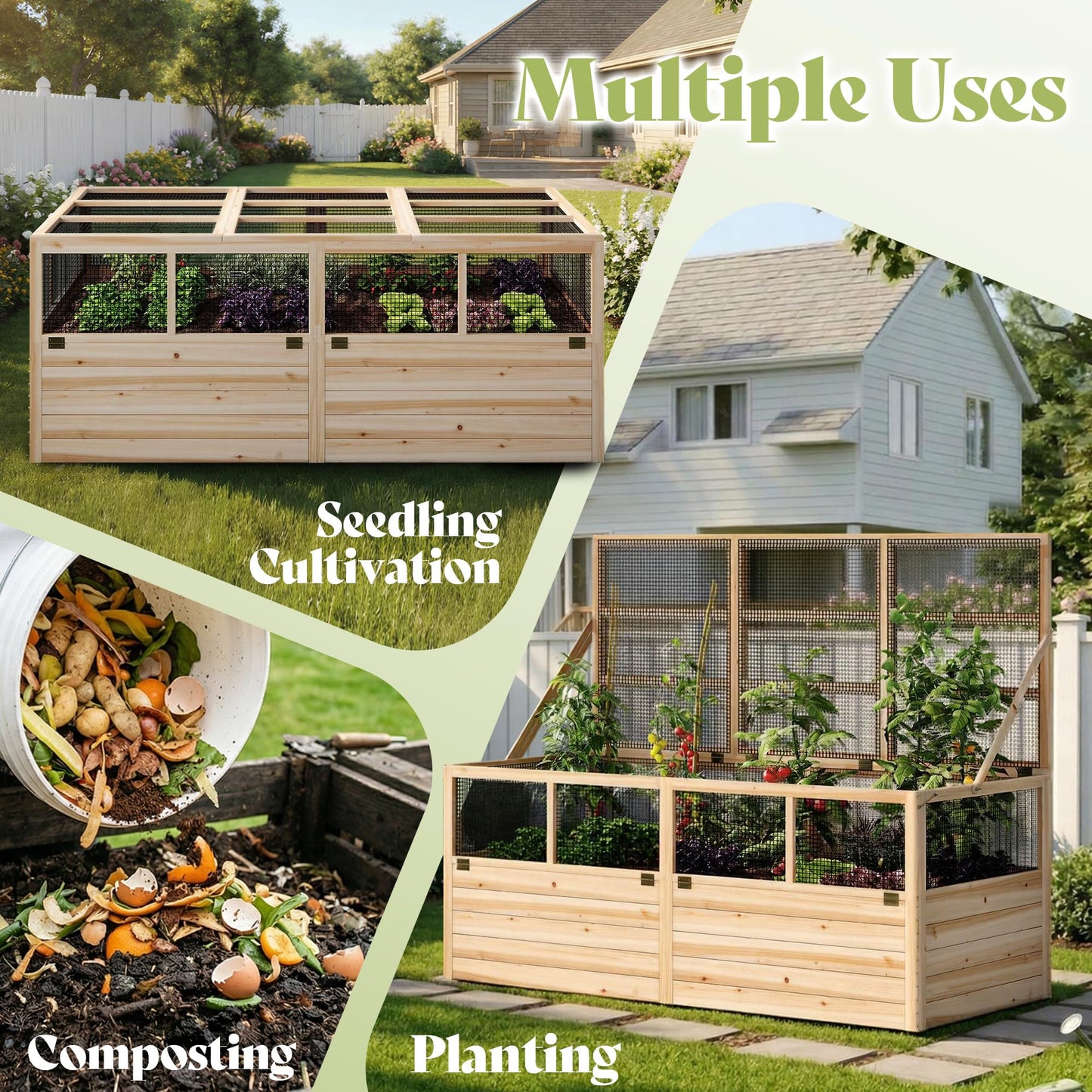 AMERLIFE Raised Garden Bed with Hinged Fencing and Trellis, 18 Inch Deepened Wood Planter Box, 2 PCS Flip-up Front Panel, Easy Assembly, Ideal for Seed Starting and Growing Vegetables & Fruits