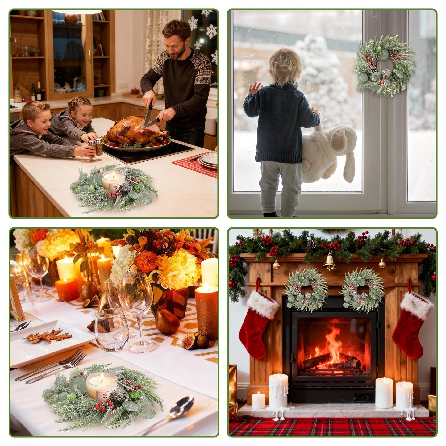 Christmas Candle Rings Wreaths,Snowy Norfolk Pine Garland Red Green Berry Eucalyptus Leaves Pinecones Wreaths,Pillar Candle Rings for Home Christmas Table Centerpiece Decorations