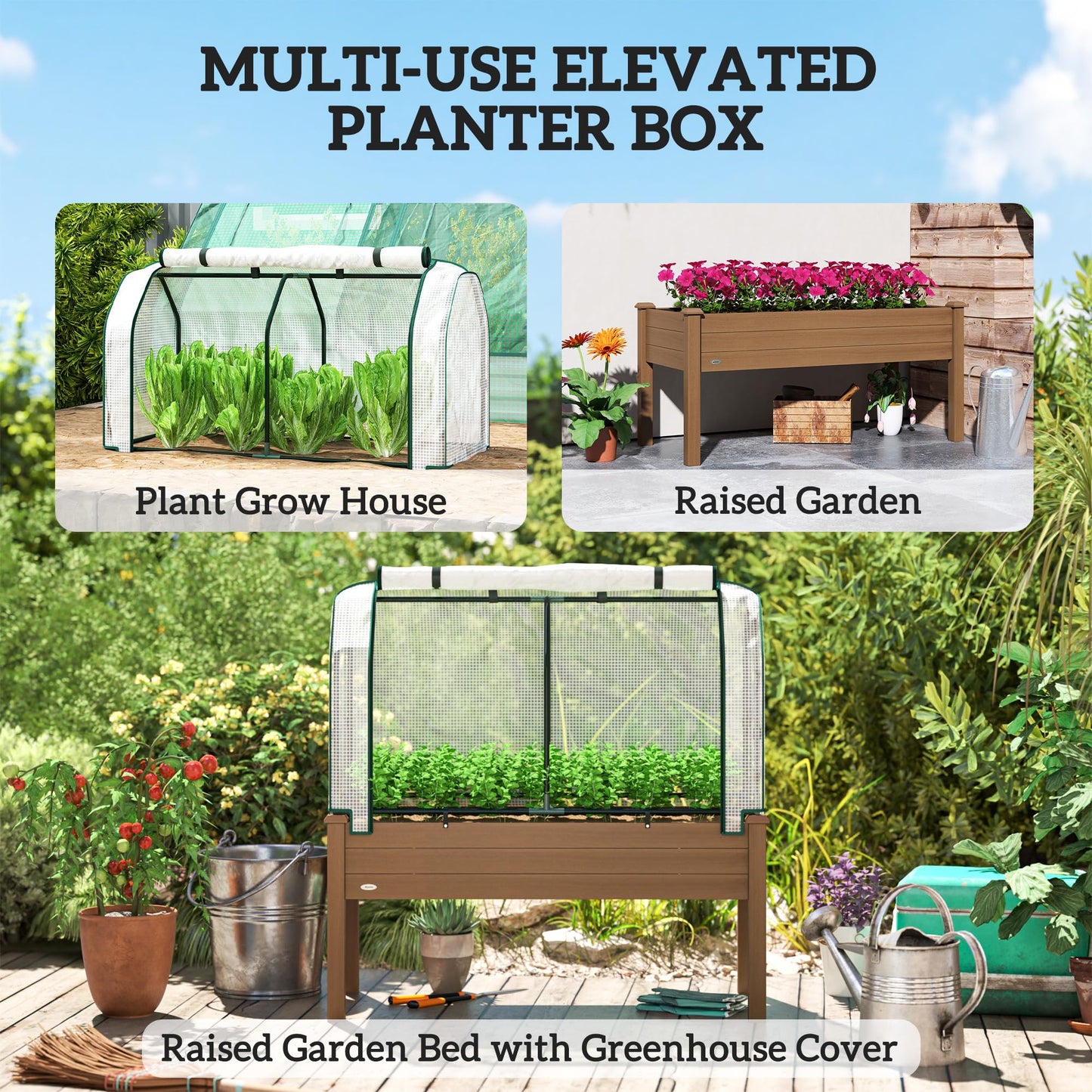 Outsunny Raised Garden Bed with PE Greenhouse Cover Outdoor Elevated Wood Planter Box for Herbs and Vegetables, Use for Patio, Backyard, Balcony, 48 x 22 x 46 inch, Brown