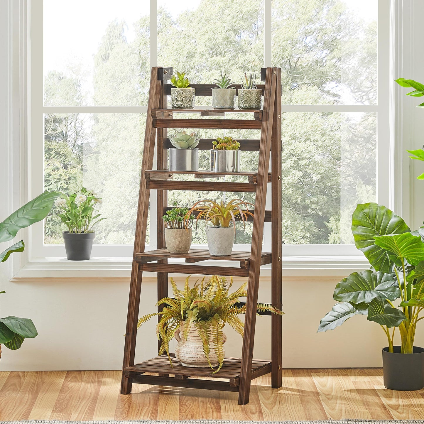 Yaheetech Wooden Foldable Ladder Shelf 4-Tier Magazine Holder Book Rack Plant Stand Folding Flower Display Pot Decorative Storage Free Standing Indoors/Outdoors Rustic No Assembly Required Brown