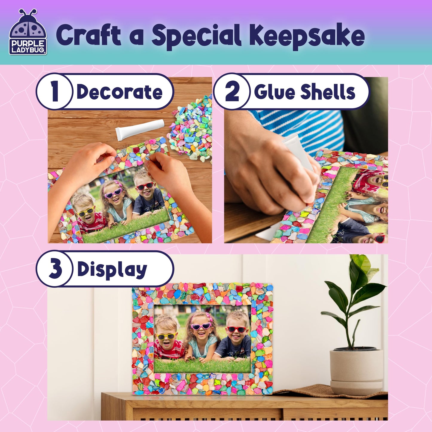 PURPLE LADYBUG Decorate Your Own Mosaic Photo Frame Craft Kits for Kids Age 6+ - 7 Year Old Girl Gifts, Birthday Gifts for 10 Year Olds Girls, DIY Arts and Crafts Activity for Kids Ages 6-10