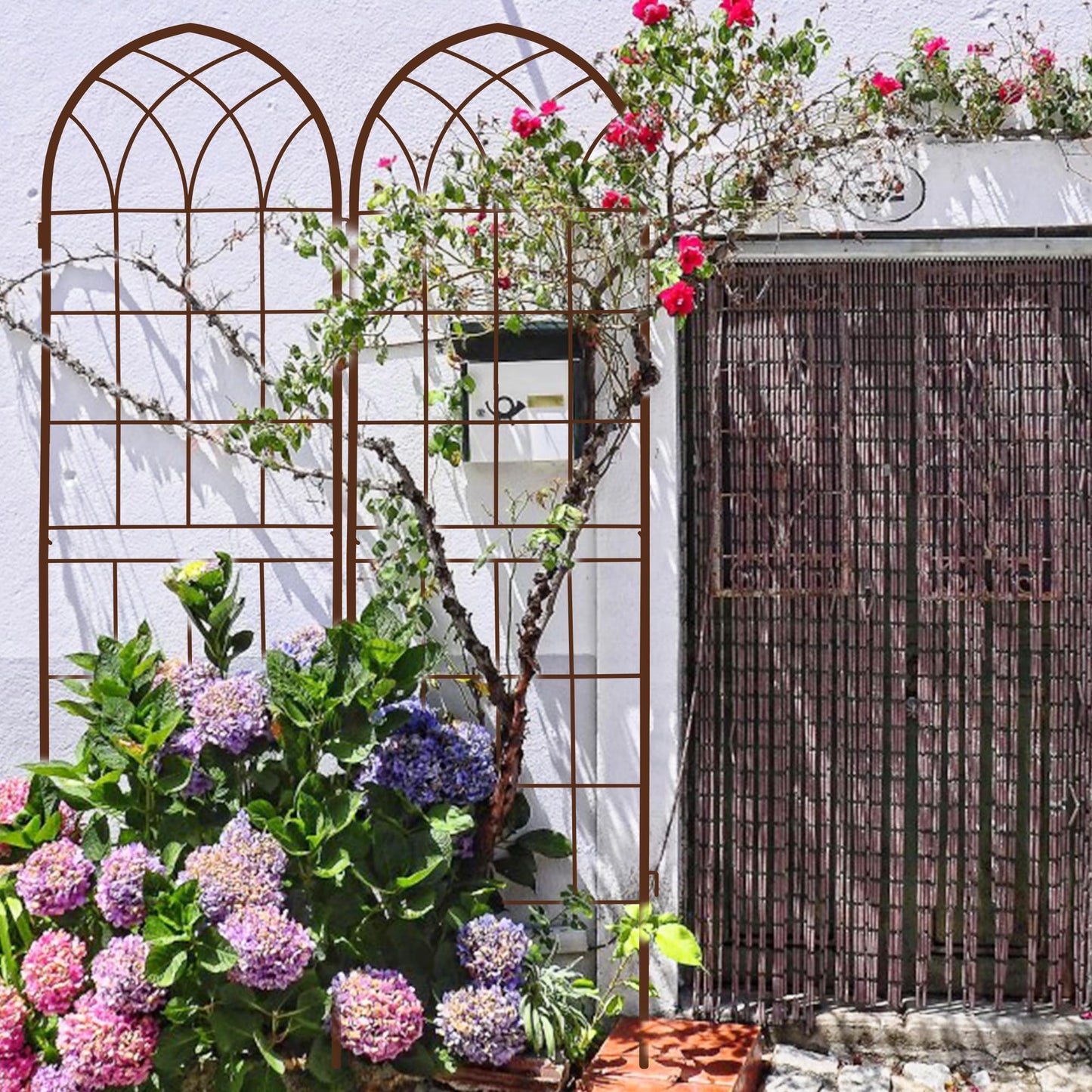 LZRS 2 Pack Rustic Iron Arch Decoration Garden Trellis with Metal Coating – Perfect for Supporting Climbing Plants Outdoor, Roses, Vines, Flowers, and Vegetables, Brown