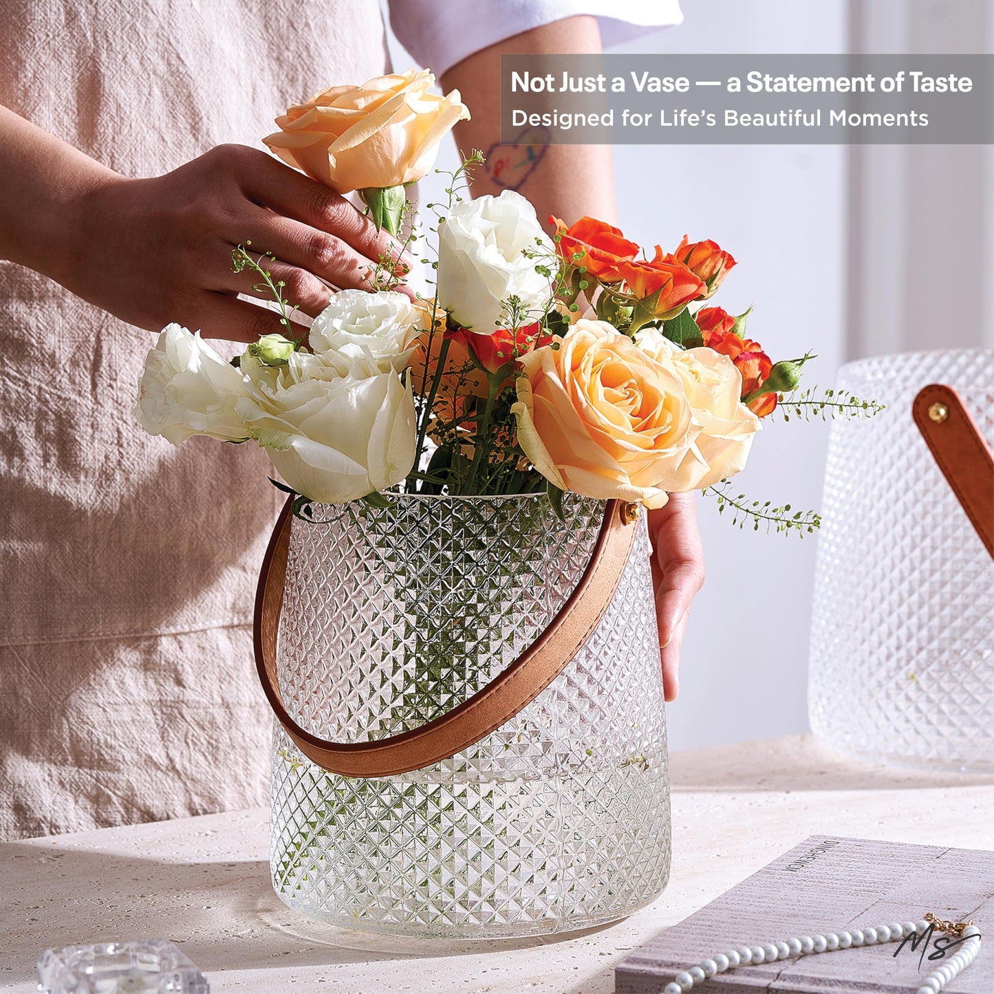 Nordic Handcrafted Crystal Glass Vase with Vegan Leather Handle – Diamond Textured Flower Vase – Modern Decorative Centerpiece for Dining Table, Wedding & Luxury Home Decor