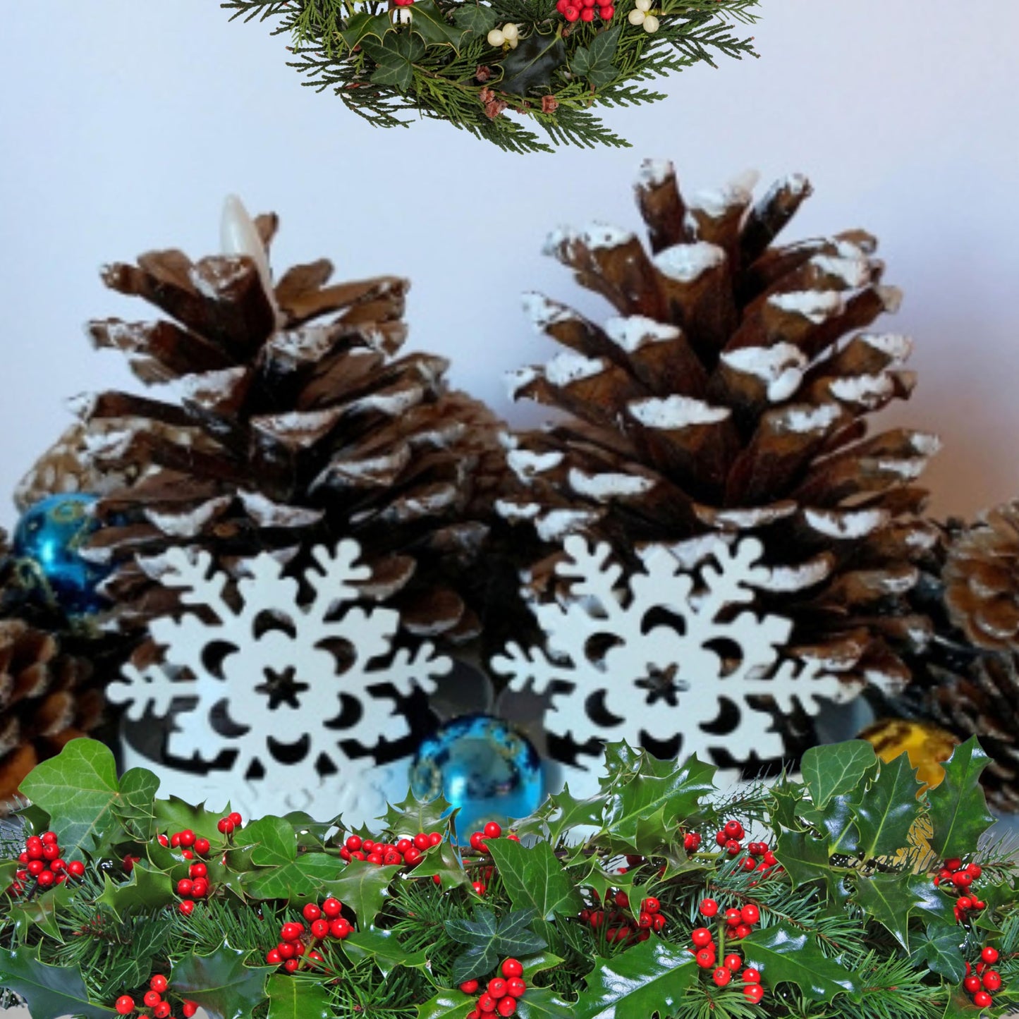 LIghted Pine Cones in Metal Snowflake Holders Christmas Decor - Set of 2 - Real Pinecones with White Snowflake Holders - Flameless LED Candles Brushed with Snow - Measures 5 1/2"H X 3"W