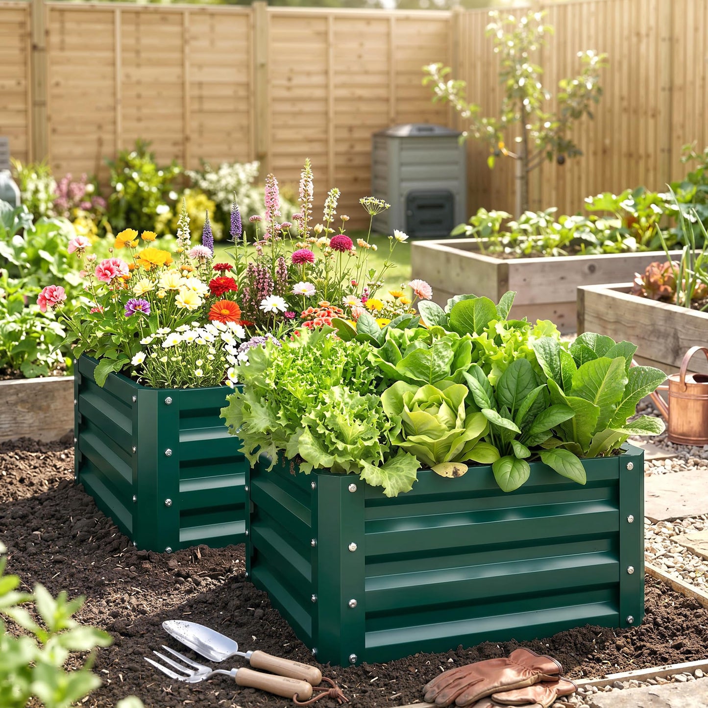 Outsunny 2 Piece Galvanized Raised Garden Bed, 2' x 2' x 1' Metal Planter Box for Growing Vegetables, Flowers, Herbs, Succulents, Green