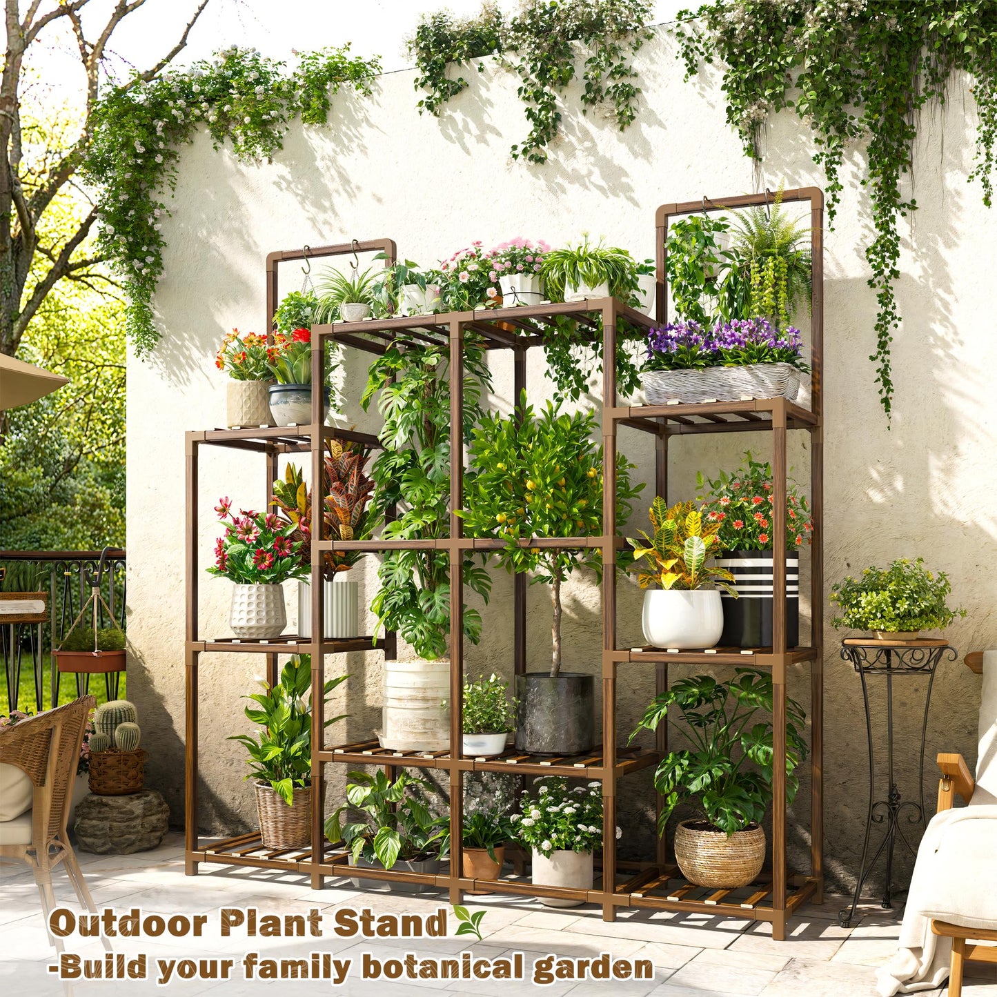 EnHomee Plant Stand Indoor Tall Plant Stand Outdoor Large Wood Plants Shelf with 12-14 Pots for Patio, Living Room, Garden, Balcony, 44.8" Wx47.2 Hx11.78 D