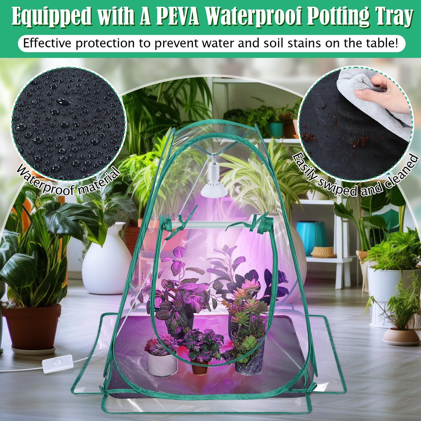 Meonum 1 Pack Mini Greenhouse with 10W 200 LED Grow Light Bulbs for Indoor, 27" x 27" x 30" Pop Up Small Greenhouse Cover with Bottom Waterproof Bottom Mat for Indoor Outdoor Plants Seed Starting
