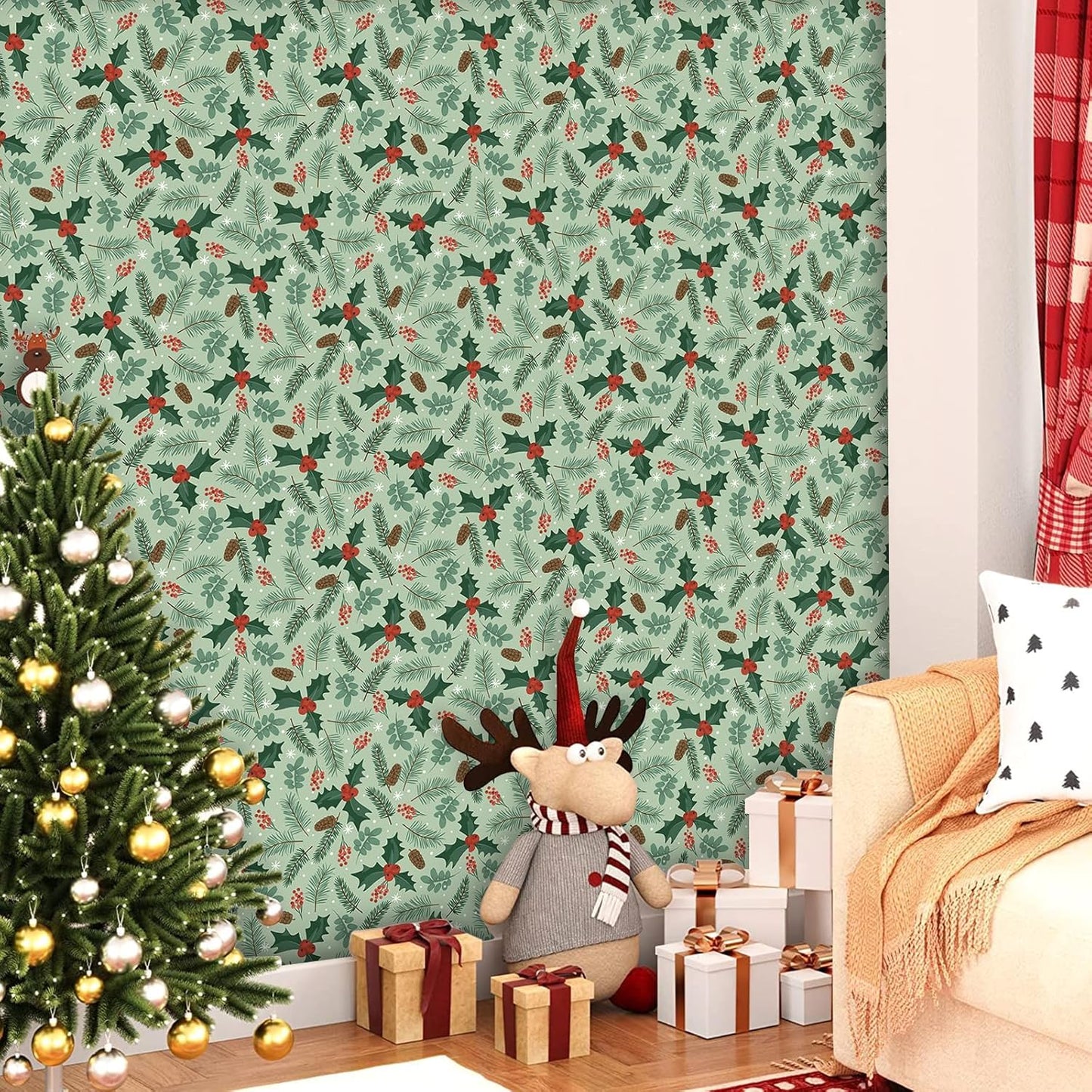 TOARTi Christmas Wallpaper Peel and Stick Green Leaves Christmas Contact Paper for Cabinets Bedroom Xmas Backdrop for Winter New Year Xmas Party Decor