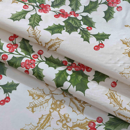 Newbridge Christmas Golden Holly Vinyl Tablecloth with Flannel Backing, Metallic Gold Holly & Berry Print, Wipe Clean Easy Care, 60 x 84 Inch Rectangle