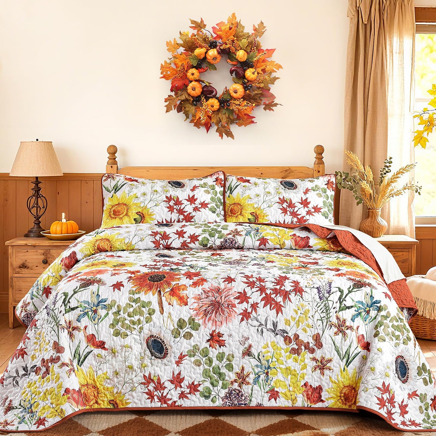 Yiran Fall Floral Quilt Set Queen Size, Orange Red Sunflower Botanical Bedspread Bedding Set, 3 Pieces Soft Lightweight Microfiber Coverlet with 2 Pillow Shams for All Season 96x90 Inch