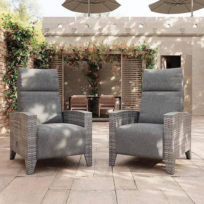 IDEALHOUSE Wicker Outdoor Recliner Reclining Patio Chairs with Adjustable Back & Footrest 150° Lay-Flat Reclining with Air Pump Rattan Flip-Up Side Table Outdoor Lounge Chairs for Pool Deck Balcony