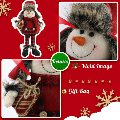 Houwsbaby Christmas Decoration Handmade Plush Snowman Figurines Hold a Gift in Overalls Home Desktop Collectible Stuffed Dolls Holiday Party Supplies Sitting Table Ornament Red 17''