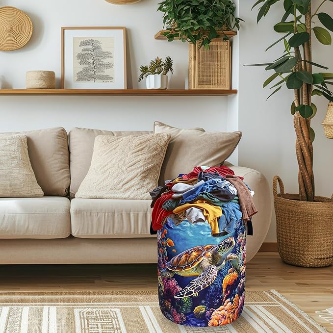 Funny Turtles Laundry Basket Oxford Cloth Ocean Animal Sea Turtle Laundry Hamper