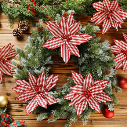 Soulchen 12 Pcs 12'' Red and White Christmas Poinsettia Candy Cane Poinsettia Christmas Tree Ornaments Peppermint Flower Tree with Stems Topper for DIY Xmas Wreath Garland Holiday Party Decor