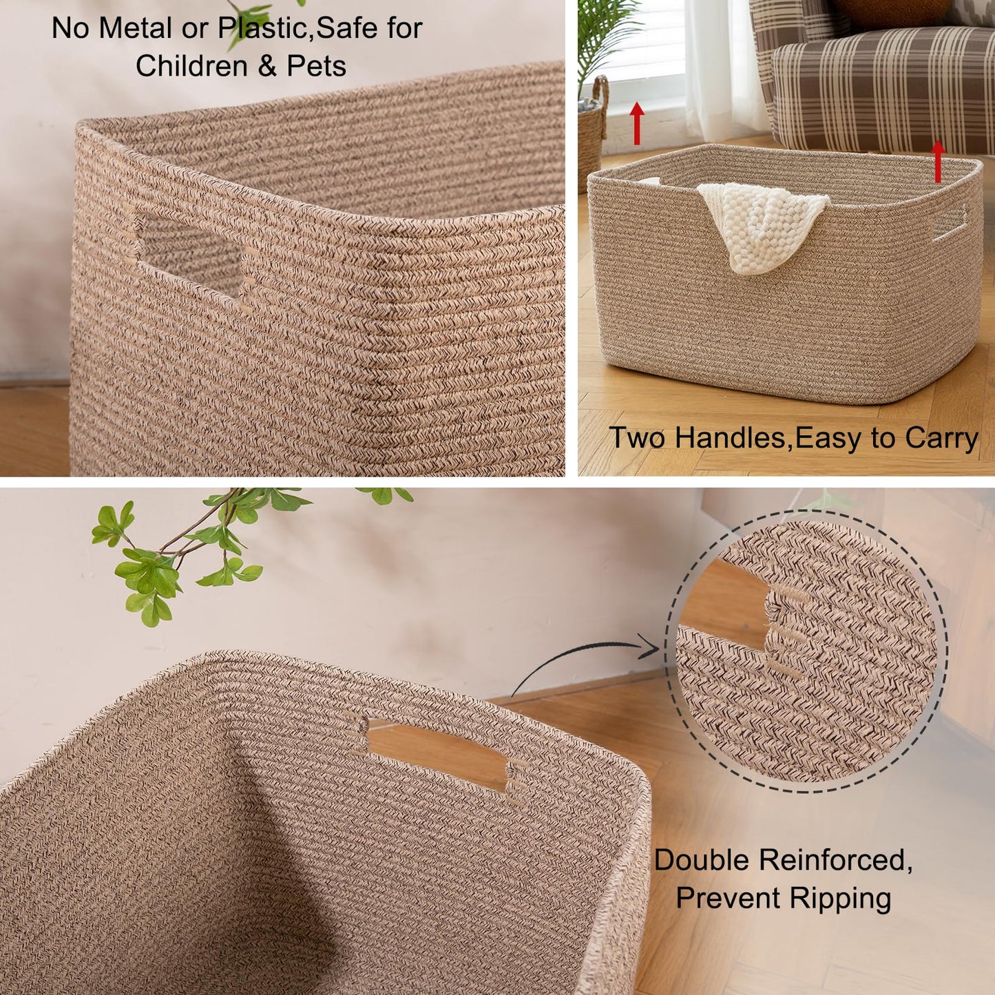 OIAHOMY 75L Large Woven Cotton Rope Storage Basket with Handle for Organizing Blanket and Toys for Living Room, Nursery, Brown Variegated 22”x17”x12”