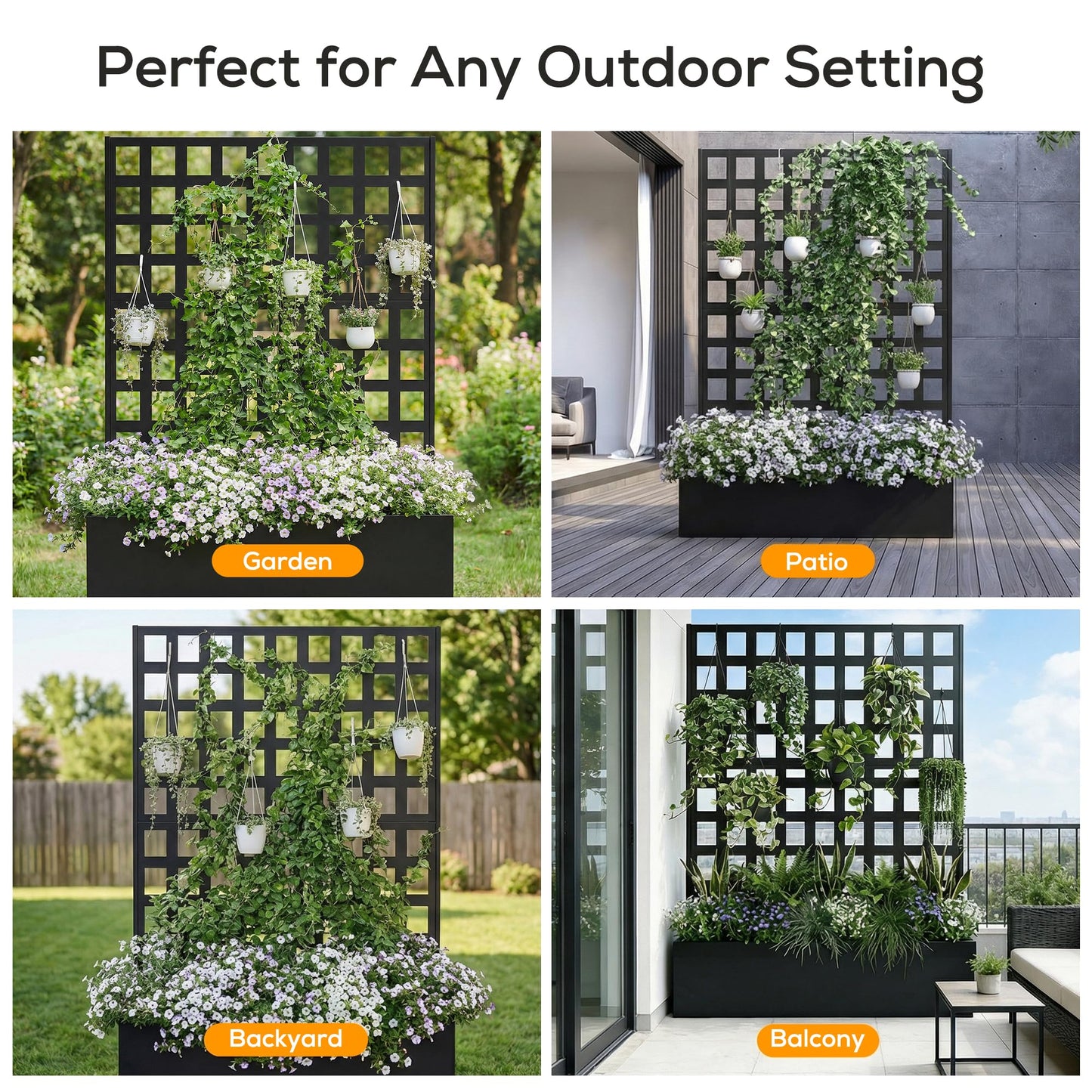 MOMOKOVA Metal Planter Box with Trellis Privacy Screen,46.65" L×12.01" W×70.87" H Raised Garden Bed with Trellis,Drainage Holes Privacy Screen Planter Box for Climbing Plants and Vegetable (Grid)