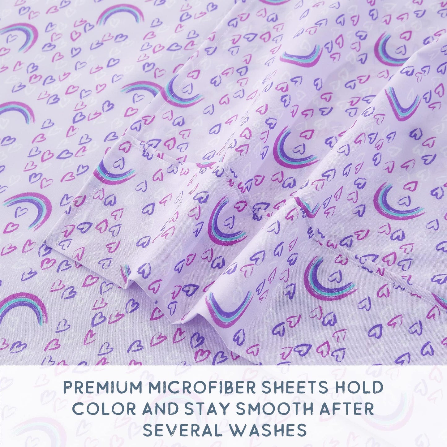 Softan Kids Bed Sheet Set, 4-Piece Full Size Sheets, Microfiber Fitted Sheet with 15 Inches Deep Pocket and Corner Straps, Breathable & Silky Soft Purple Love Rainbow Pattern Sheet and Pillowcase Sets