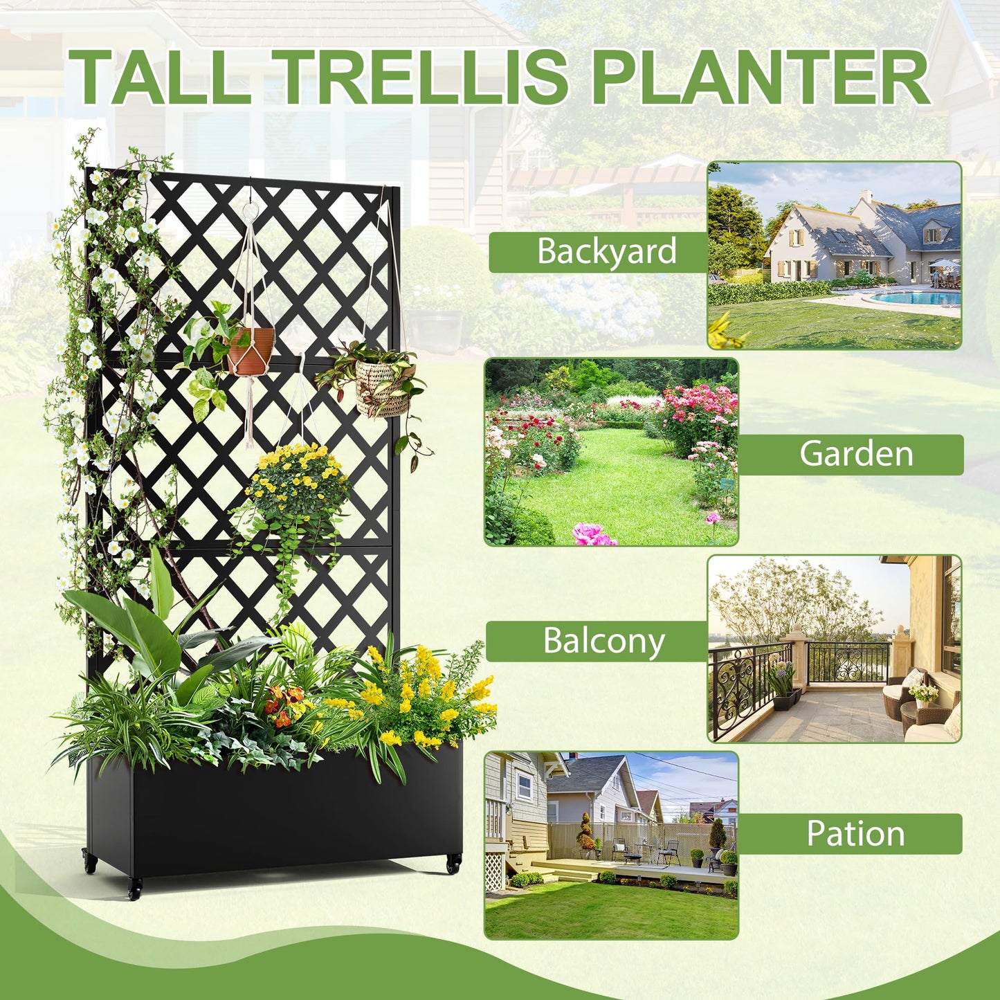 YESUNEED Metal Planter Trellis Box with Wheels & Drain Plug Outdoor Raised Garden Bed Patio Privacy Screen with Planter for Climbing Plants, Vegetables 73"x35"x16" Black-Diamond