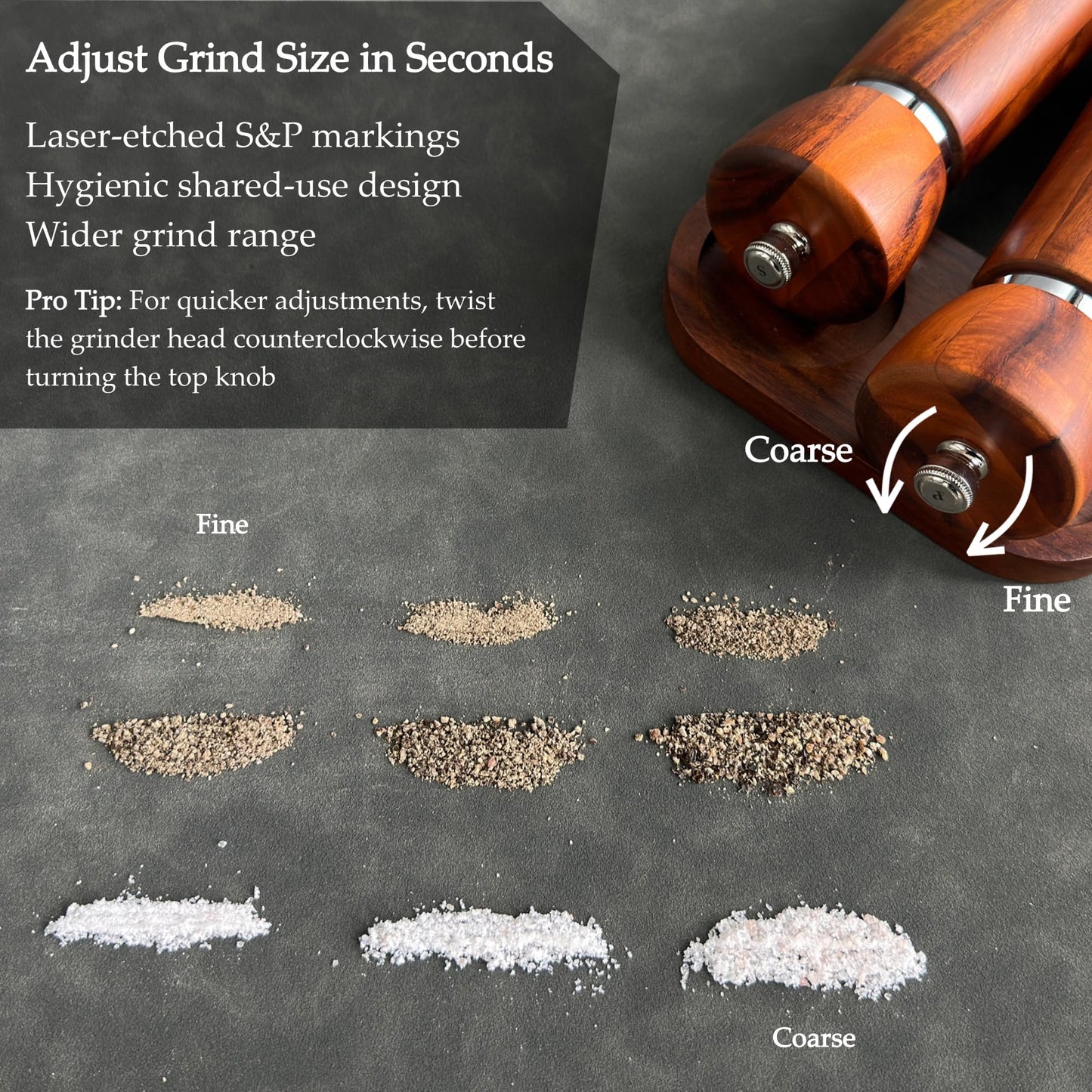 TLYSXPRO Wooden Salt and Pepper Grinder Set – Refillable Salt and Pepper Mill with Adjustable Upgraded Large Size Ceramic Burr – Manual Pepper Grinder with Beech Wood Body – 8.3” Tall (Chocolate Wood)