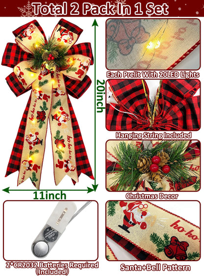 2 Pcs Prelit Christmas Bows Decor with 20 Lights, Santa Bells Black Red Buffalo Plaid Xmas Bows 20" by 11" Christmas Tree Wreaths Garland Bow Battery Powered Christmas Decorations Home Indoor Outdoor