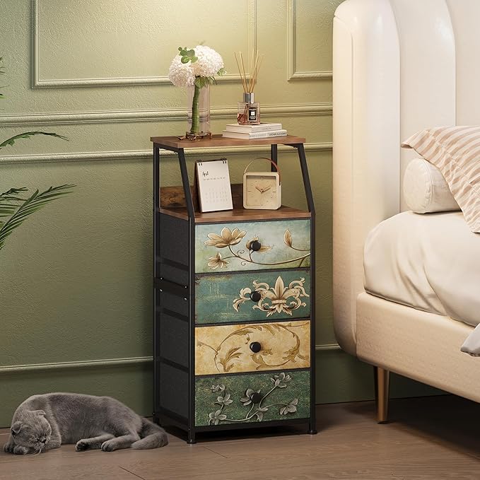Tohomeor Dresser with Fabric Drawers Nightstand with 2 Tier Shelf Storage Tower