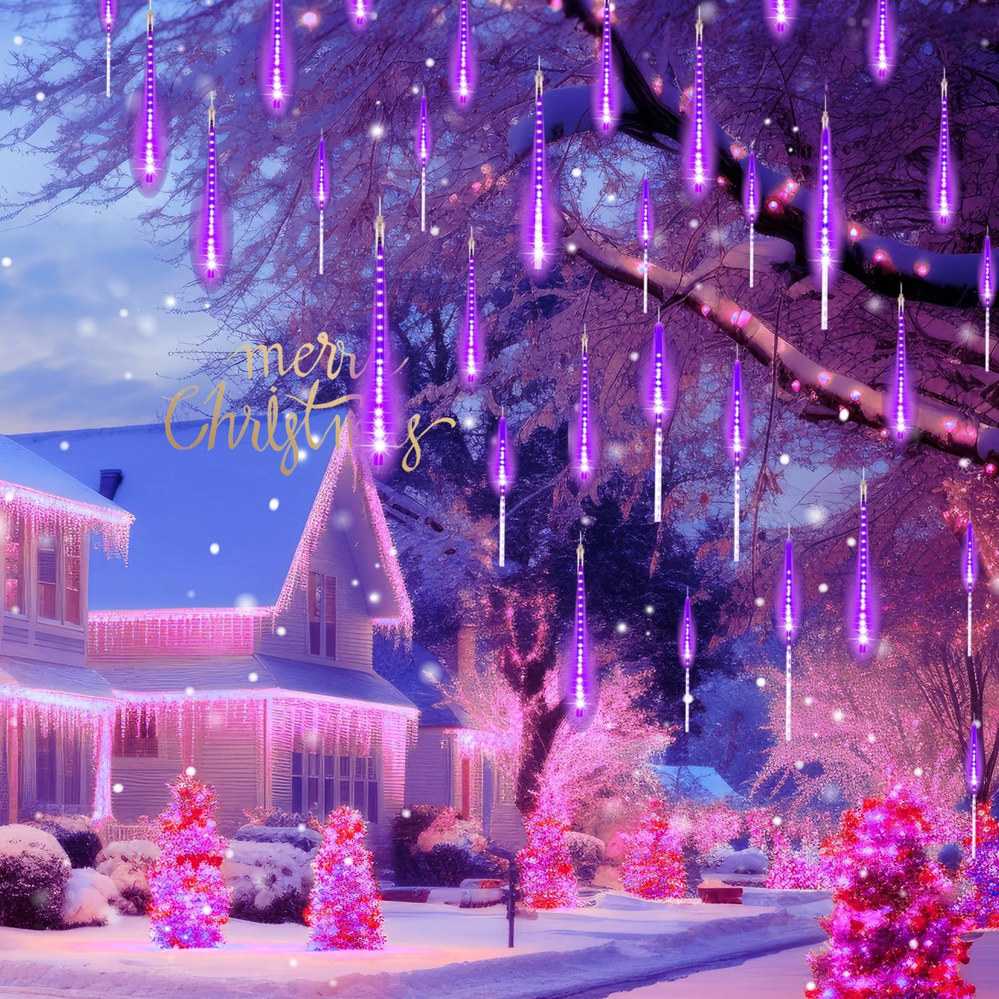 Brightown Christmas Lights Outdoor, Meteor Shower Lights Outdoor 16 Inch 10 Tube 360 LED Icicle Light,Hanging Falling Rain Light for Tree Outside Holiday Xmas Decoration, Purple