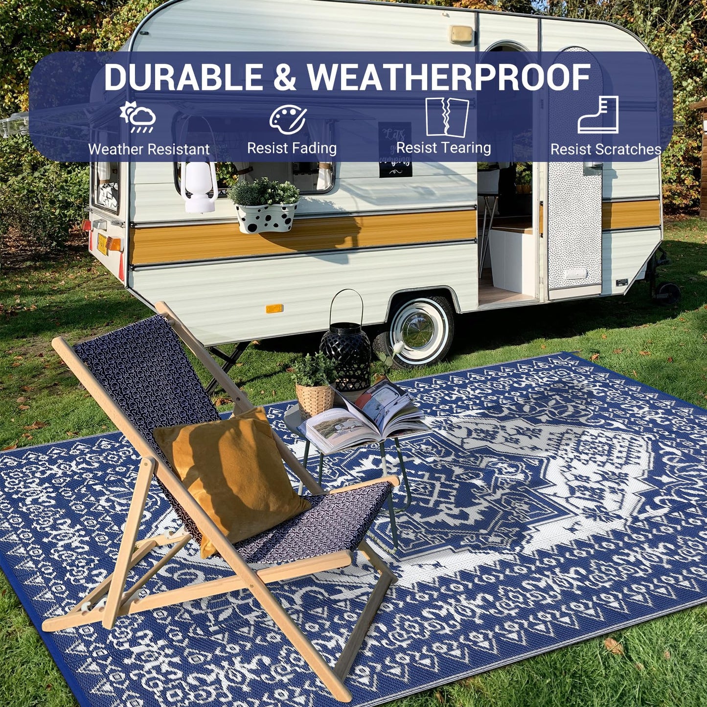 GarveeHome Large Outdoor Rug 9x18 Waterproof Reversible Mat Palm Retro Oriental Camping Rugs Indoor Outdoor Rugs Carpet Plastic Straw Rug for Patio Deck Balcony Pool RV Camping, Dark Blue and White
