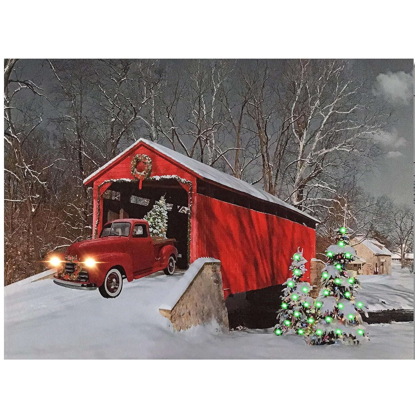 BANBERRY DESIGNS LED Wall Art - Lighted Red Truck Covered Bridge Canvas Print - Christmas Picture with LED and Fiber Optic Lights - Winter Scene Wall Art - Measures 11.75" X 15.75"