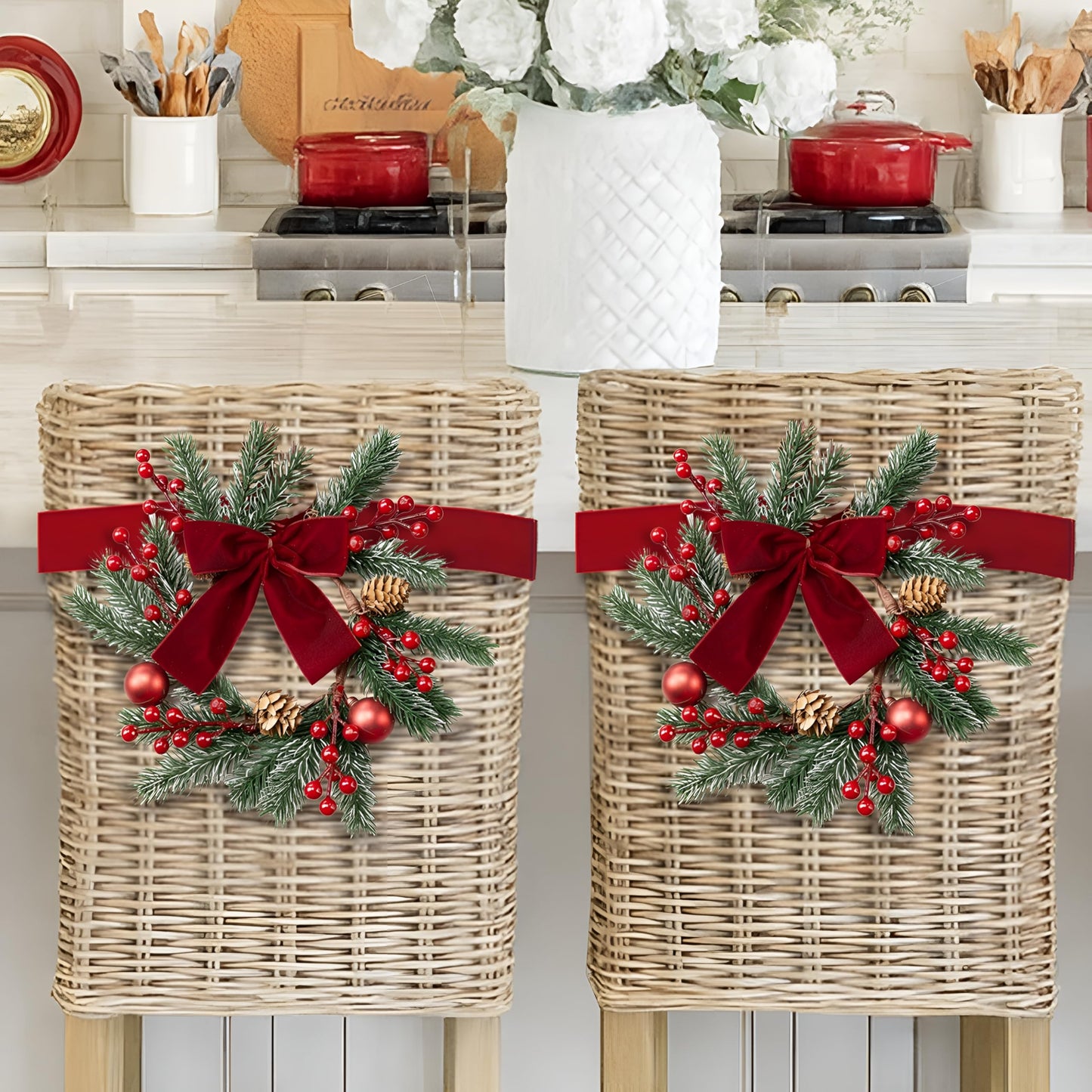 Maysing 6 Pcs 9.8" Small Christmas Wreath with Ribbon Mini Kitchen Cabinet Wreath Christmas Berry Pine Bow Decorations for Xmas Chair Back, Front Door, Window, Wall Farmhouse Decor(Red,Classic)