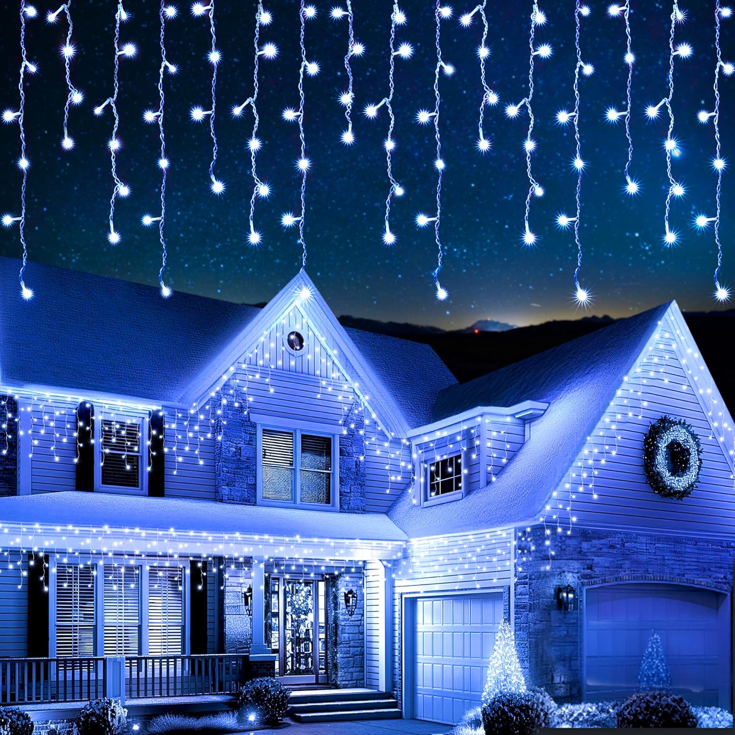 EcoNour Cool White Easter Icicle Lights for Outside, 114.82 FT 1000LED Outdoor Icicle Lights with 8 Mode, 8HR Timer, Memory Function, Clear Wire connectable, Plug in Fairy Lights for Roofline, Party