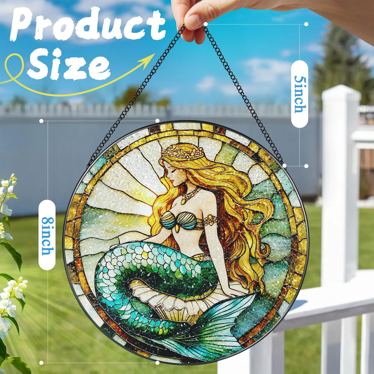Stained Glass Window Hanging, 8 Inch Mermaid Suncatcher Stained Glass Ornament, Suncatchers for Windows Hanging, Sun Catchers Indoor Window, Mermaid Gifts, Gifts for Friends, Housewarming Gift