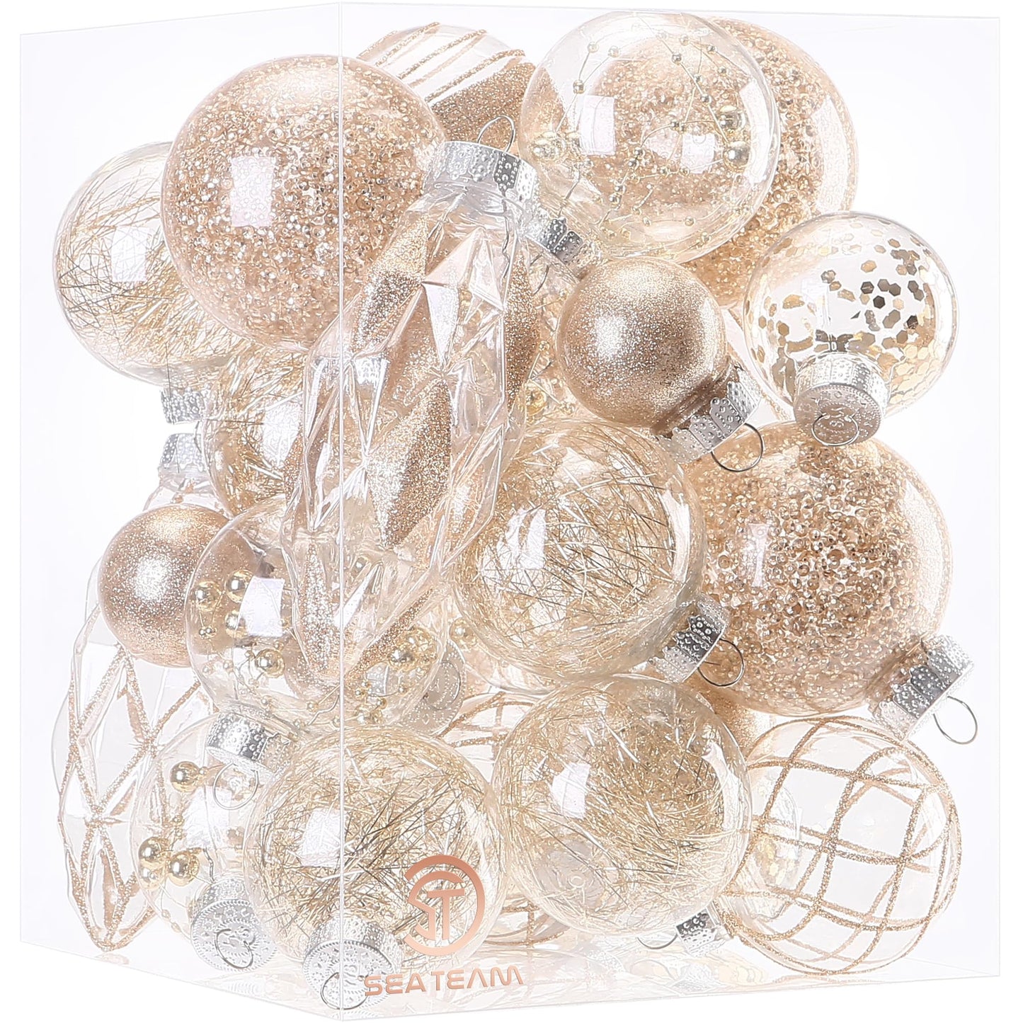 Sea Team Multi-Size Shatterproof Clear Plastic Christmas Ball Ornaments, Pendants, Drops, Finials, Decorative Xmas Tree Baubles Set with Stuffed Delicate Decorations (32 Counts, Champagne)